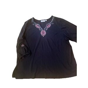 Quacker Factory Shirt Sz 3XL  Black 3/4 Sleeve Beaded Jeweled V Neck Top